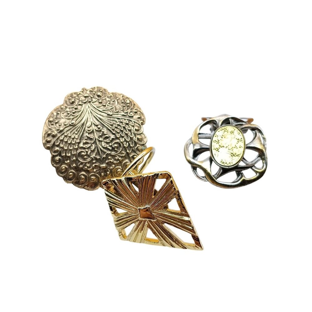 Vintage Scarf Clip Lot, Bundle of 3 Mixed Metals Shawl Slides, Unmarked Floral